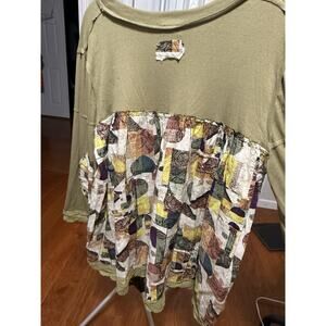 POL Green Patchwork Lace Trim Tunic Long Sleeve Women's Blouse S RUNS LARGE